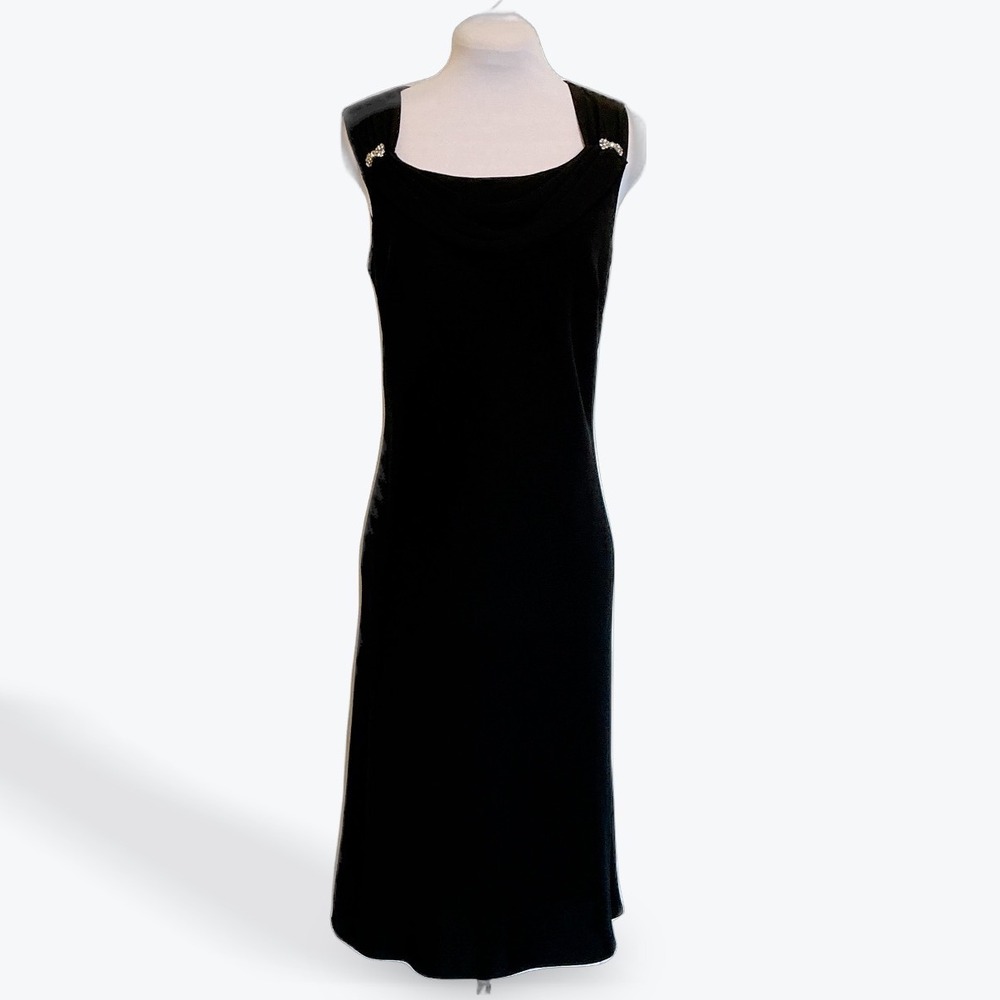 Dawn‎ Joy Evening Black Cowl Neck Midi Dress Rhinestone Bow Accents Womens 6